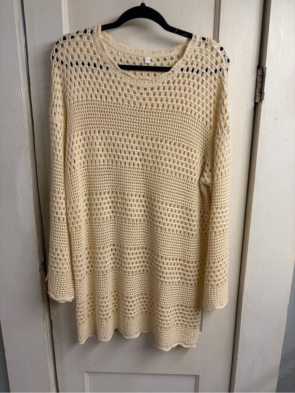 Cream Open-Knit Long Sleeve Swim Cover Up Dress